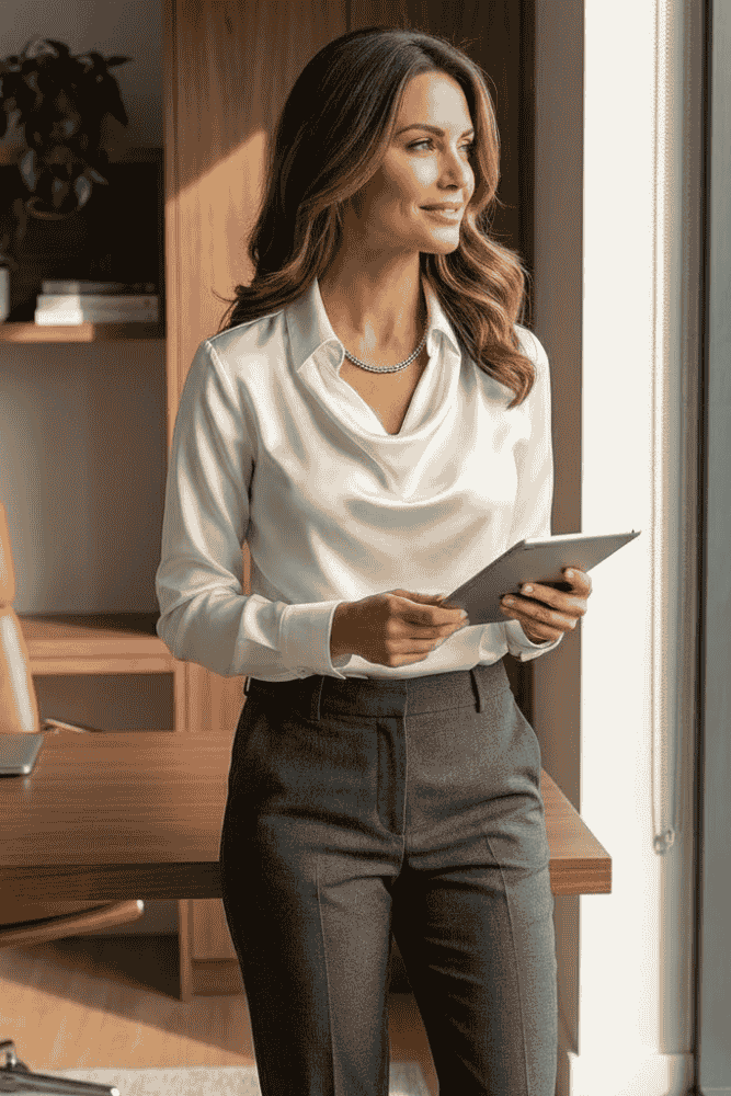 Chic women's draped blouse, a versatile long sleeve top for professional and stylish occasions.