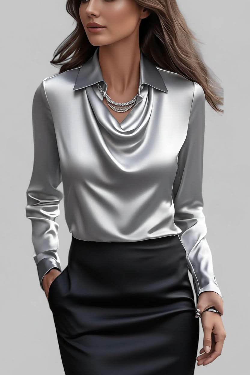 Modern ladies' long sleeve top, featuring a sophisticated draped design for elegant fashion.