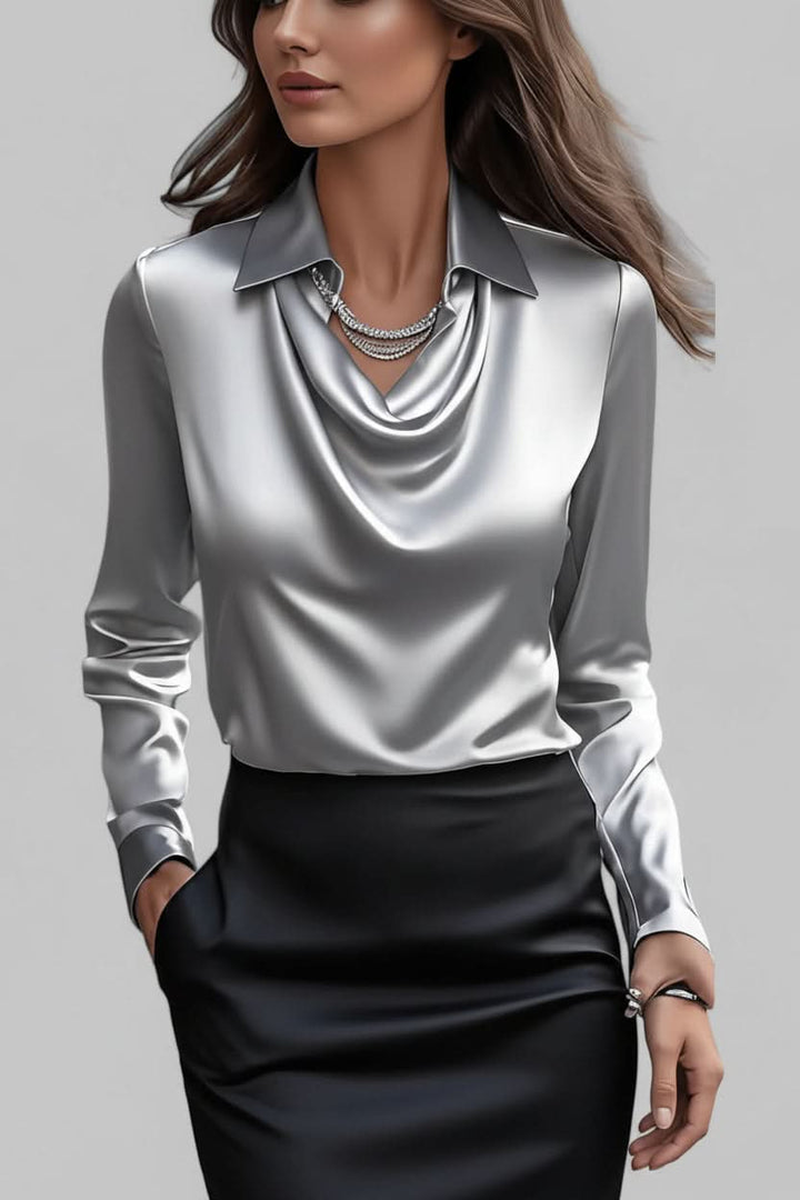 Modern ladies' long sleeve top, featuring a sophisticated draped design for elegant fashion.