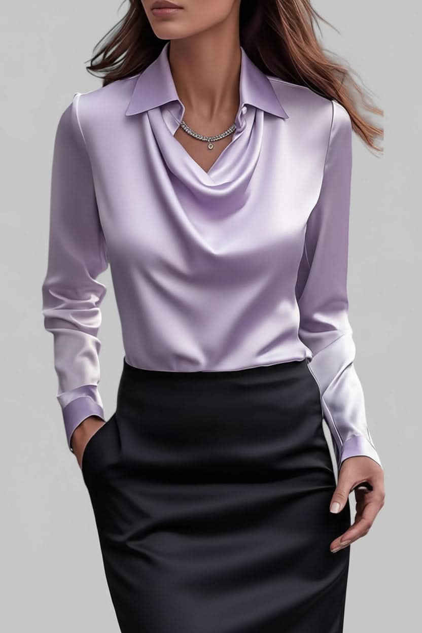 Professional women's elegant long sleeve blouse, a chic draped top suitable for any event.
