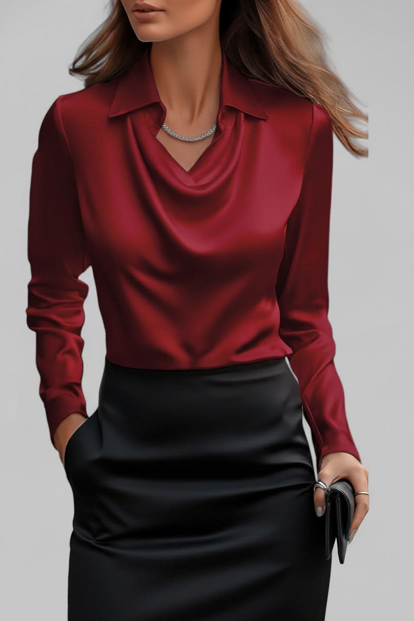 Versatile women's draped long sleeve blouse in a classic color, essential for a chic wardrobe.