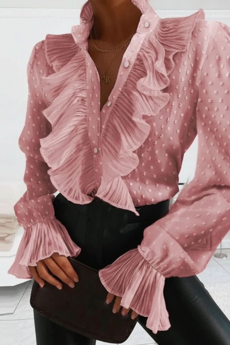 Women's elegant ruffle long sleeve blouse in white, a versatile and chic top for office or casual.