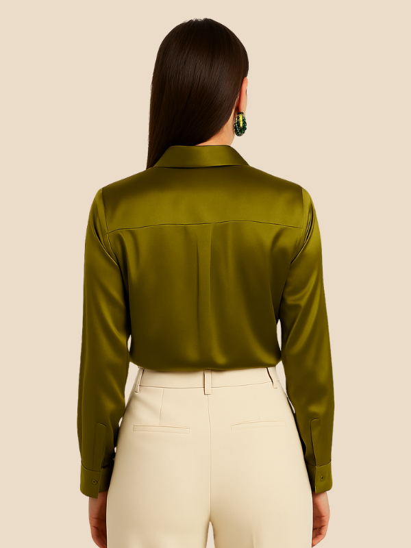 Side view of versatile women's long sleeve button-up blouse, perfect for work.