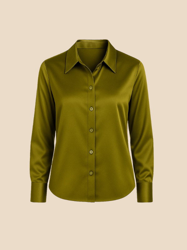 Back view of stylish women's long sleeve button blouse, showcasing its sleek design.