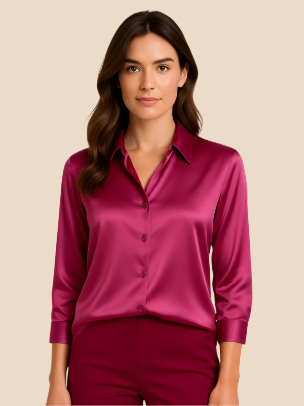 Women's long sleeve button blouse paired with smart trousers for an office look.