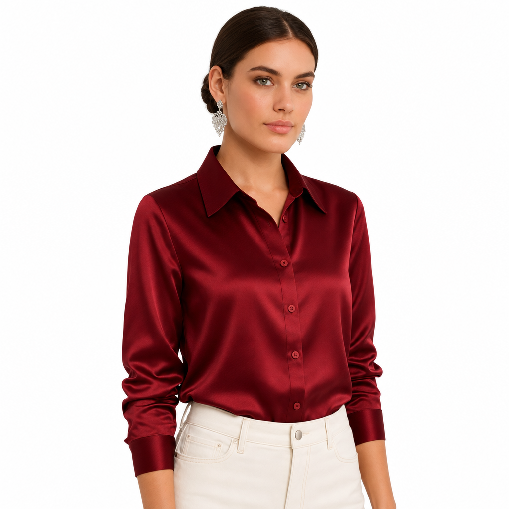 Professional women's long sleeve button blouse, ideal for sophisticated office attire.