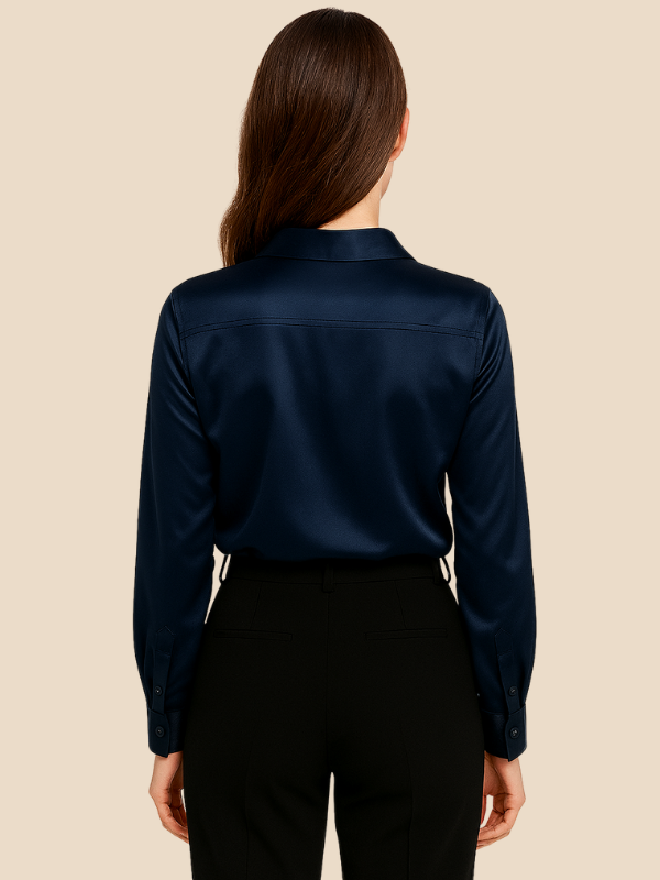 Durable women's long sleeve button blouse, designed for long-lasting style and wear.