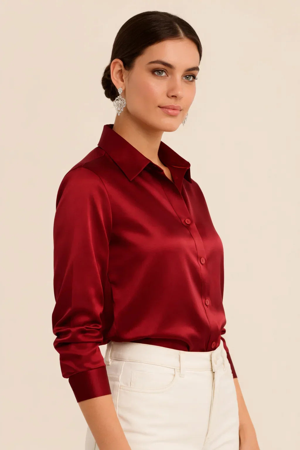 Stylish women's collared long sleeve button blouse for modern office fashion.