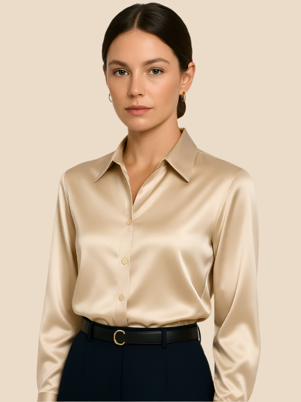 Office-ready women's long sleeve button-up blouse, ensuring a smart and elegant appearance.