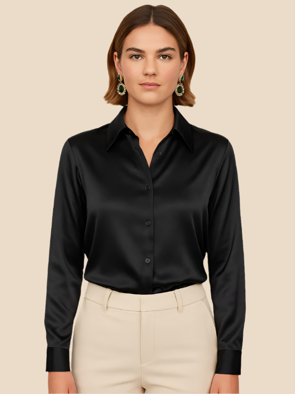 Fashionable women's long sleeve button-up blouse, a wardrobe essential for versatility.