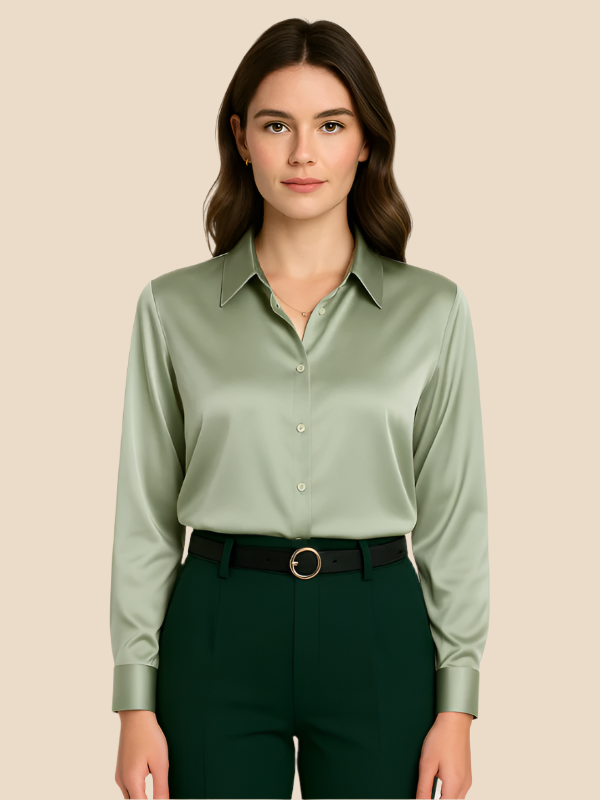 Modern women's long sleeve button-up blouse with a sleek design for any occasion.