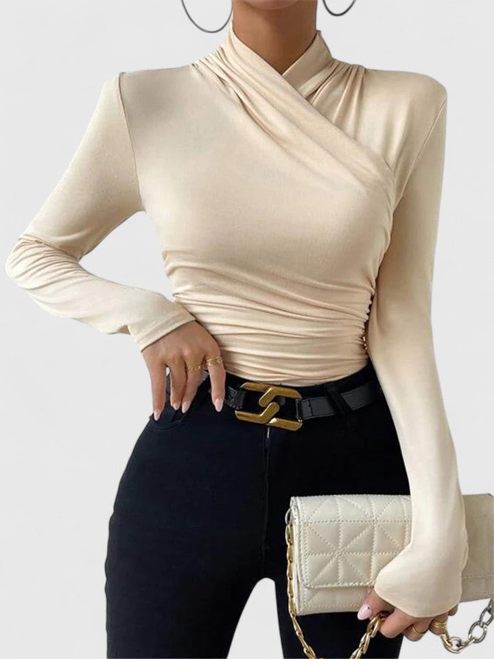 Elegant women's long sleeve criss-cross top. Slim fit, fashionable for fall & winter casual chic or formal wear.