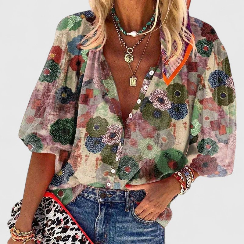Elegant women's long sleeve green floral blouse, versatile for spring/summer casual, office, or chic feminine outfits.