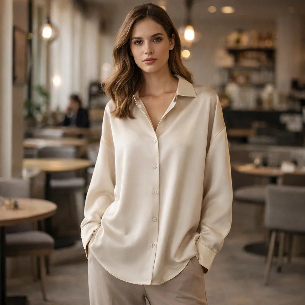 Elegant women's long sleeve loose blouse. Ideal for office wear, a versatile fashion top for professional women.