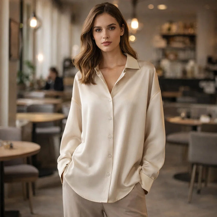 Elegant women's long sleeve loose blouse. Ideal for office wear, a versatile fashion top for professional women.