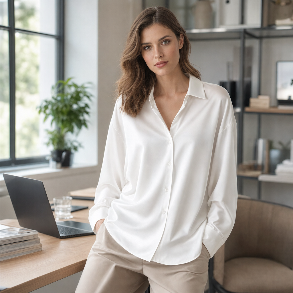 Modern elegant women's long sleeve office blouse. Loose fit for a comfortable, chic work blouse fashion top.