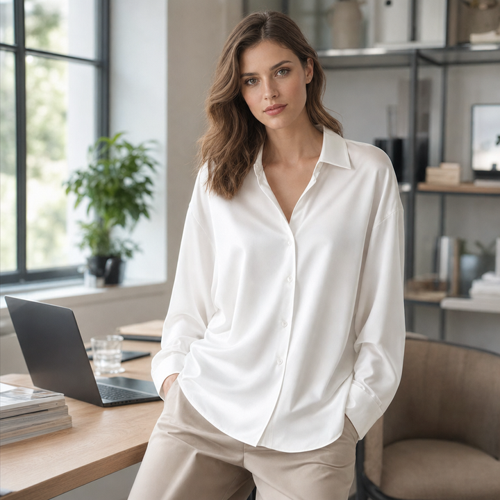 Modern elegant women's long sleeve office blouse. Loose fit for a comfortable, chic work blouse fashion top.