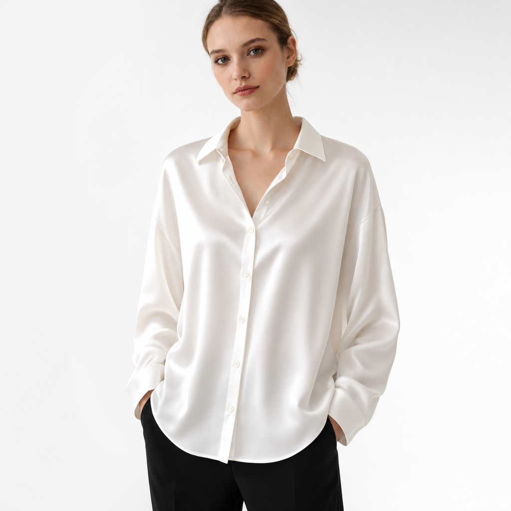 Fashionable long sleeve women's blouse, loose and elegant. Versatile office wear or casual chic apparel.