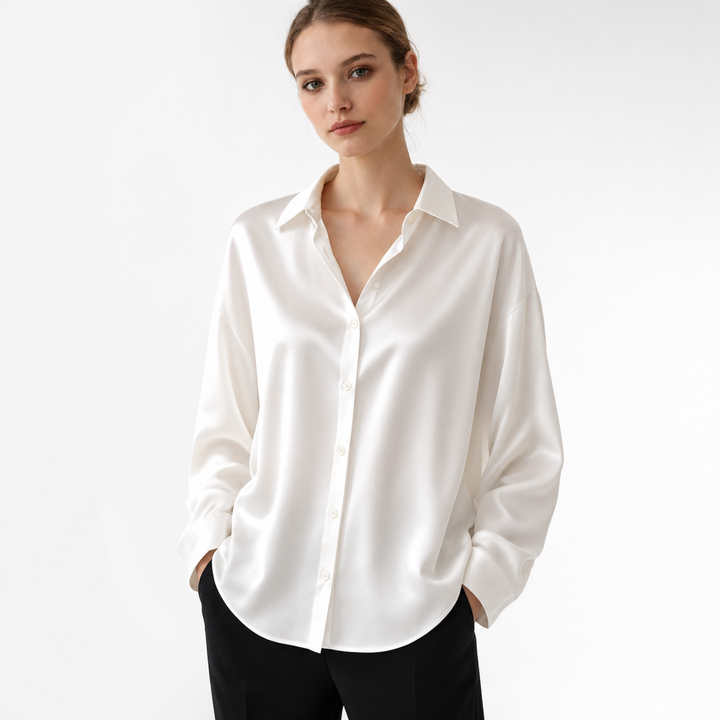 Fashionable long sleeve women's blouse, loose and elegant. Versatile office wear or casual chic apparel.