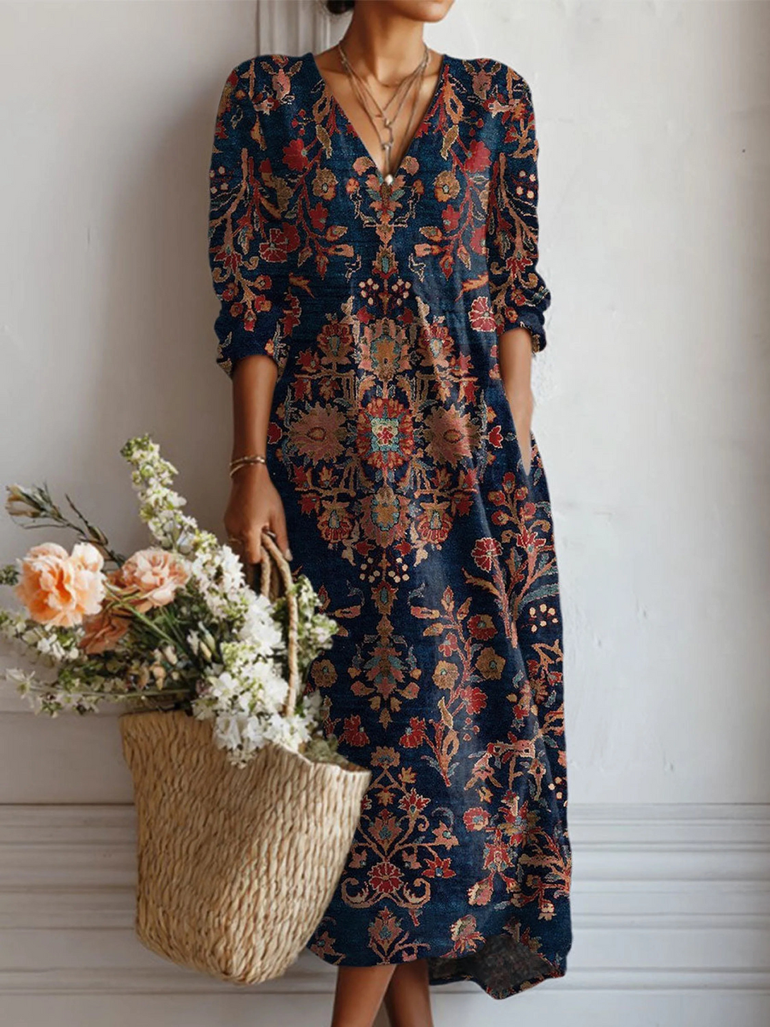 Elegant women's long sleeve midi dress with a crew neck & A-line cut, perfect for comfortable daily wear fashion.