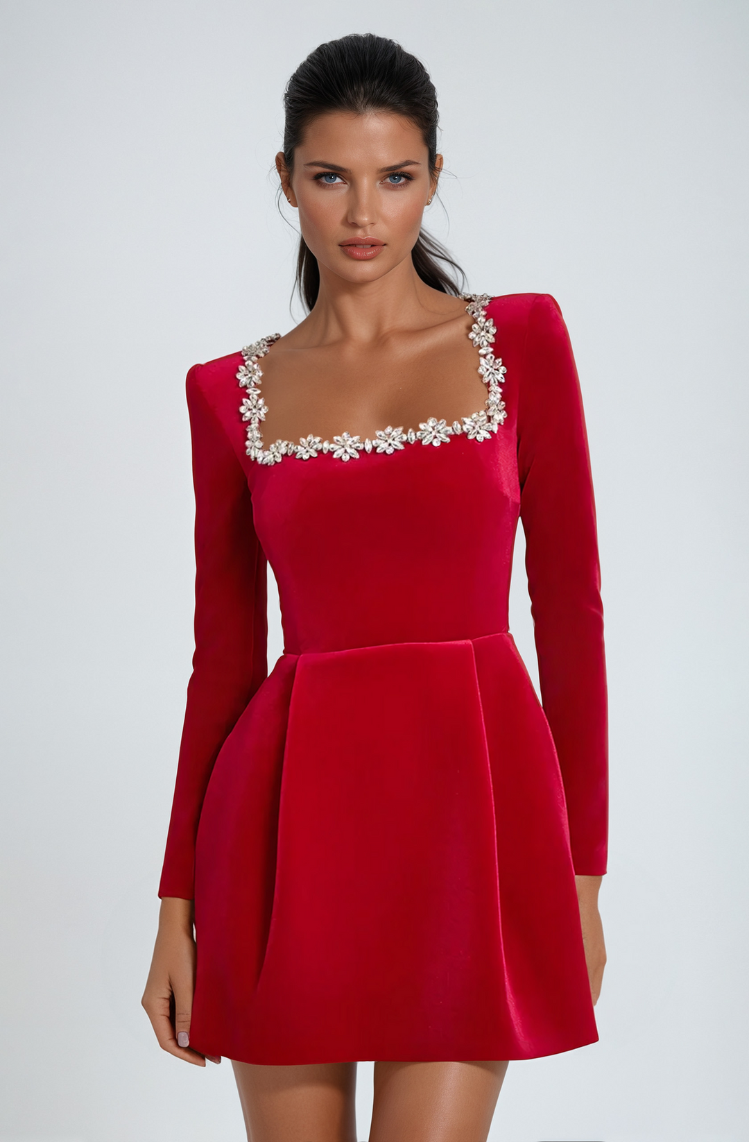 Women's elegant long sleeve mini dress in a classic color, great for wedding guests or cocktail parties.