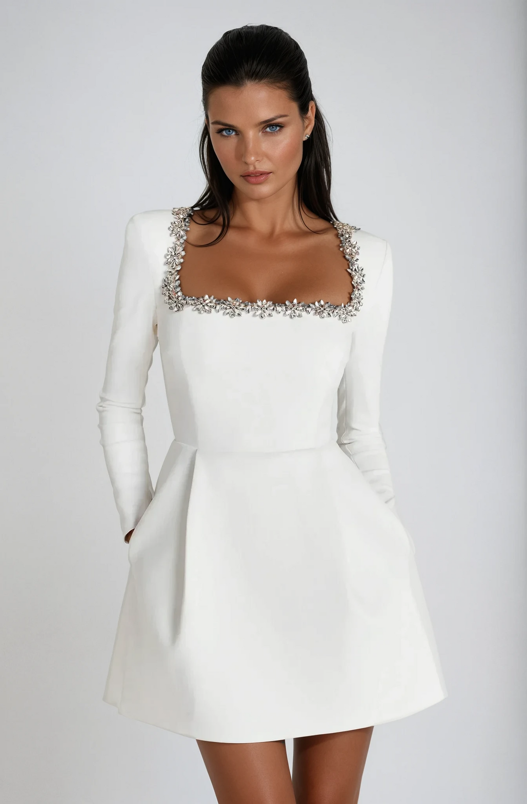 Versatile elegant mini long sleeve dress, great for cocktail parties, evening events, or wedding guest.