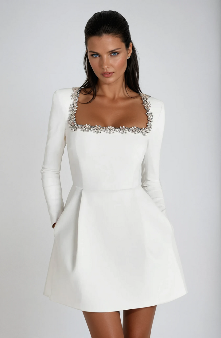 Versatile elegant mini long sleeve dress, great for cocktail parties, evening events, or wedding guest.