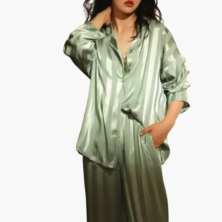 Elegant women's long sleeve pajama set in a relaxed fit. Comfortable two-piece lounge wear, perfect for home.