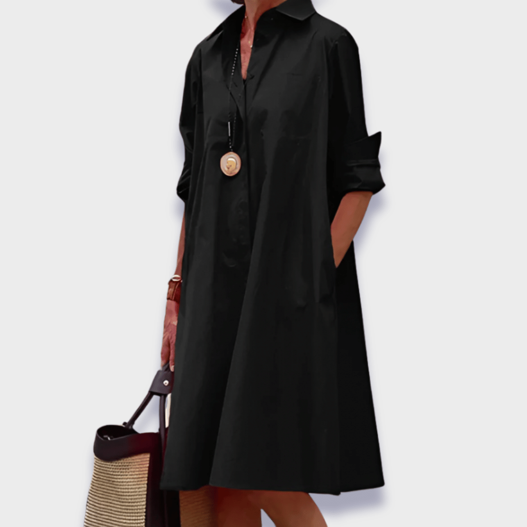 Versatile women's collared long sleeve midi dress. Flared skirt & polo style for casual elegance.