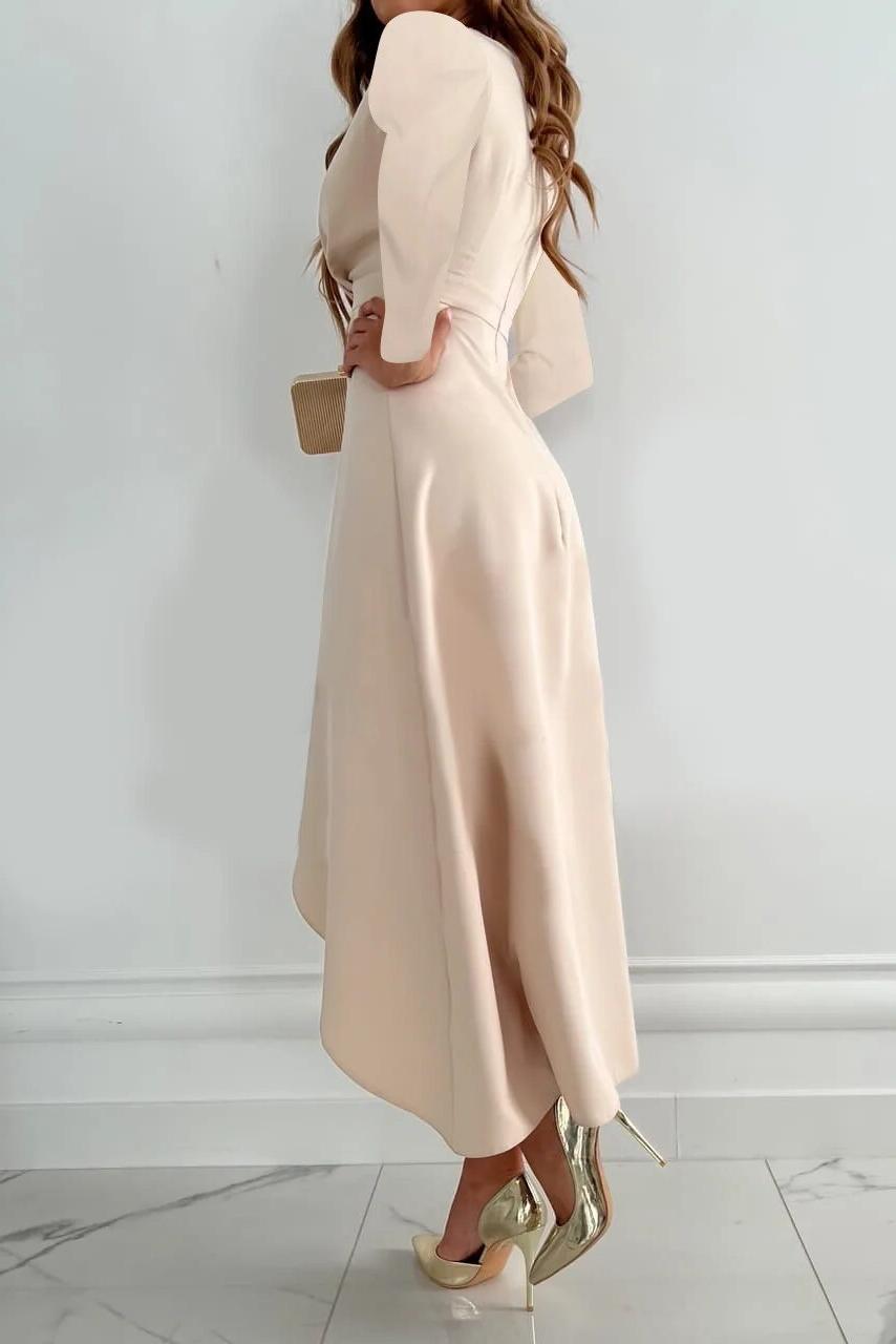 Chic formal wrap midi dress with ruffles & long sleeves, ideal for cocktail parties & wedding guests.