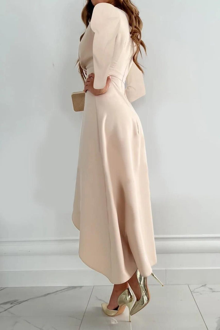 Chic formal wrap midi dress with ruffles & long sleeves, ideal for cocktail parties & wedding guests.