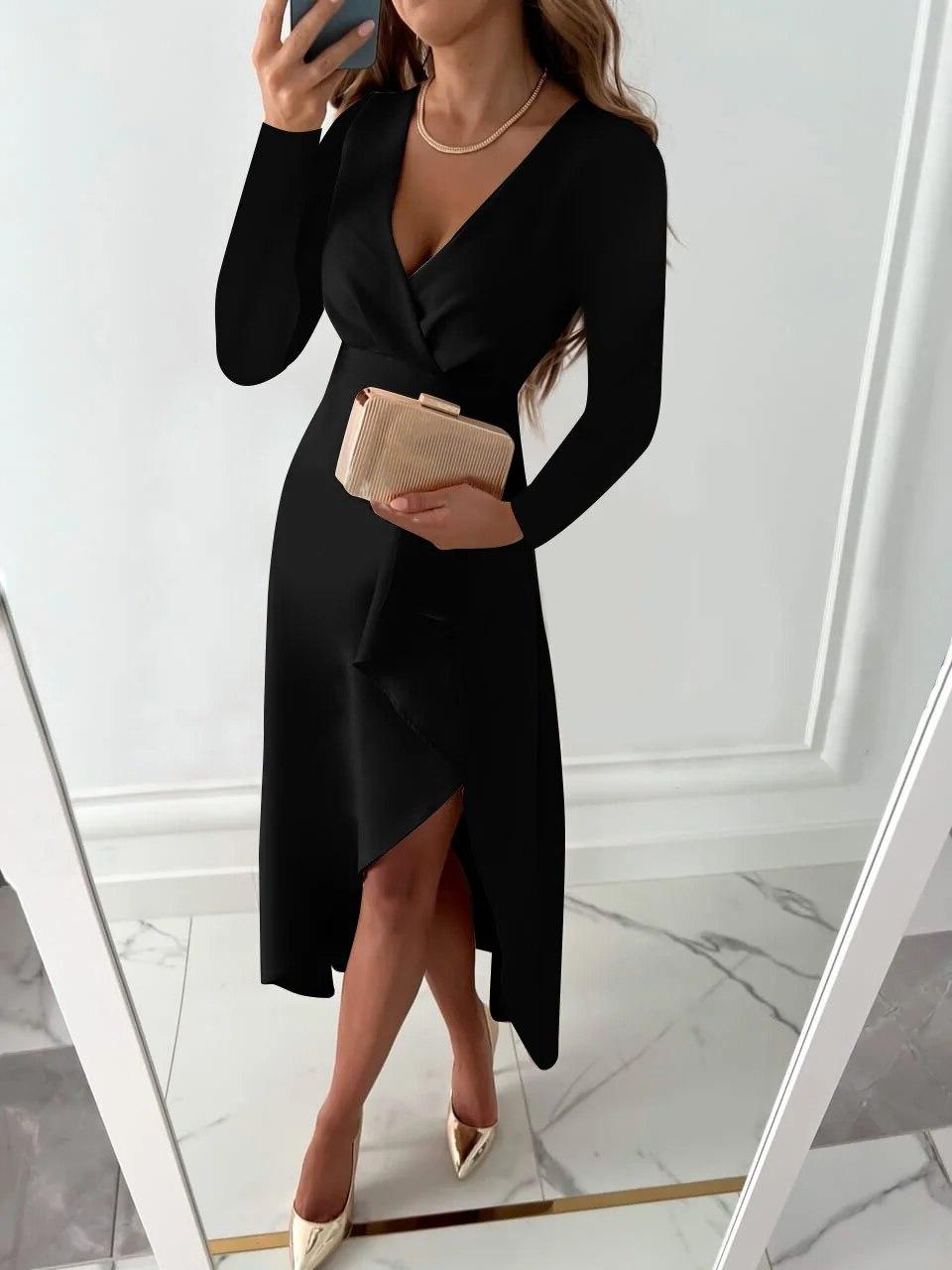 Sophisticated women's evening gown: long sleeve ruffle wrap midi dress for elegant party wear.