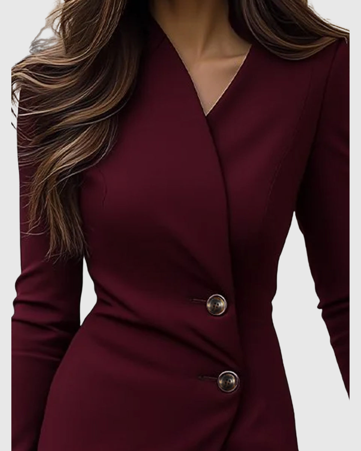 Stylish women's wrap-style buttoned midi dress. Ideal long sleeve formal or party wear.