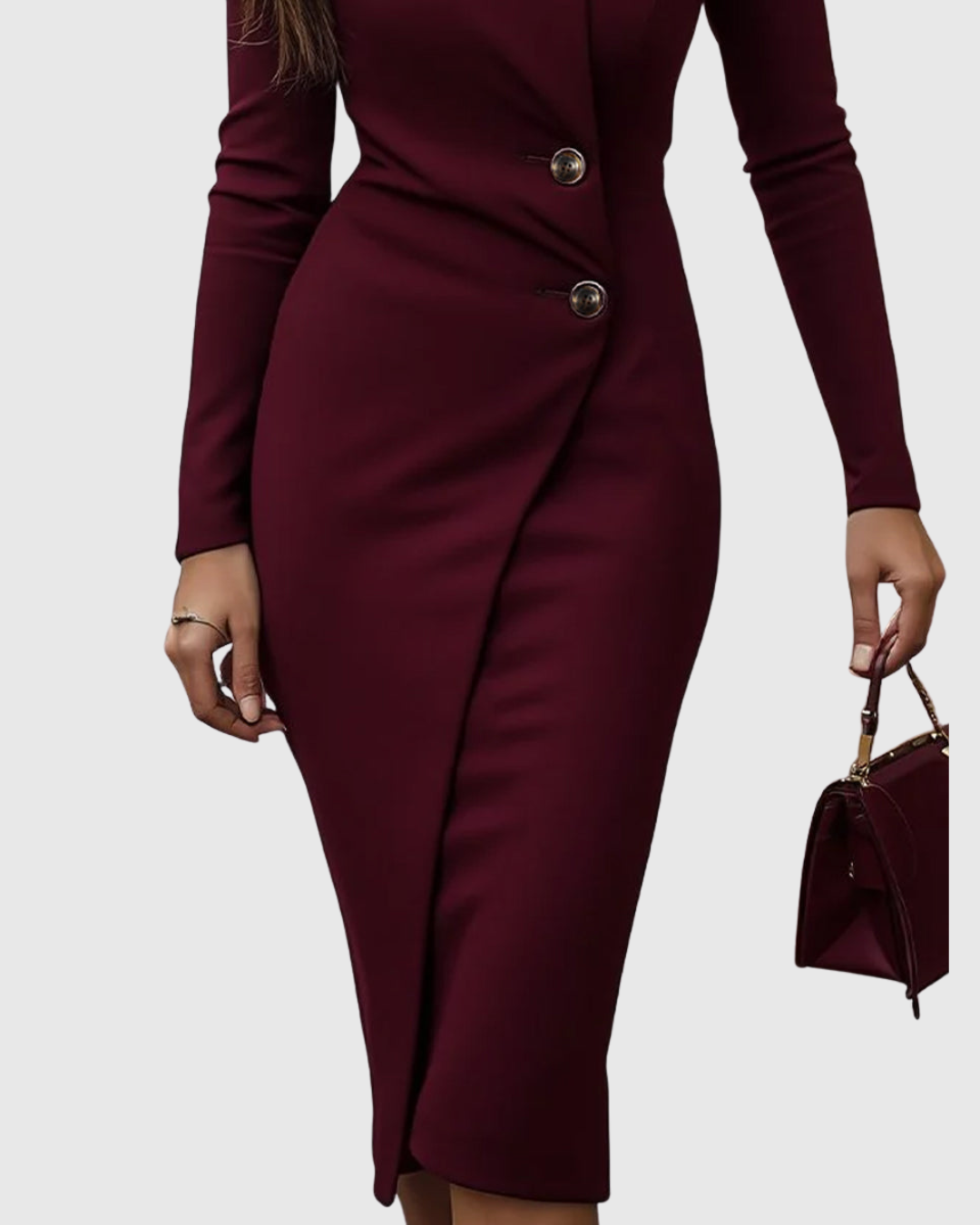 Formal women's midi wrap dress with sophisticated buttons, long sleeves. A perfect evening outfit.