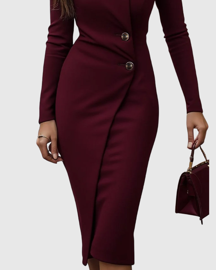 Formal women's midi wrap dress with sophisticated buttons, long sleeves. A perfect evening outfit.