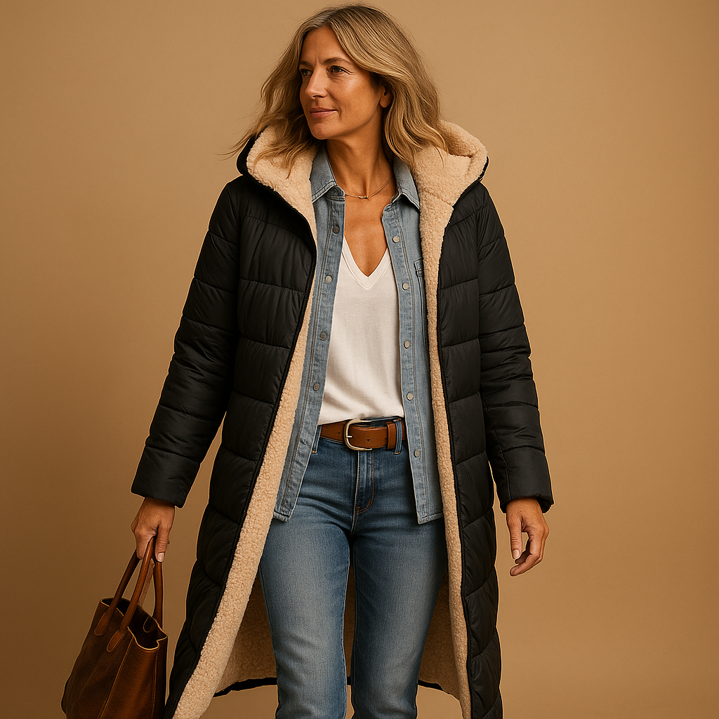 Elegant women's long winter coat, cozy & warm for cold weather. Stylish outerwear for daily wear & office.