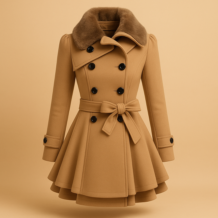 Elegant women's long winter coat with faux fur collar. Perfect warm outerwear for stylish cold weather fashion.