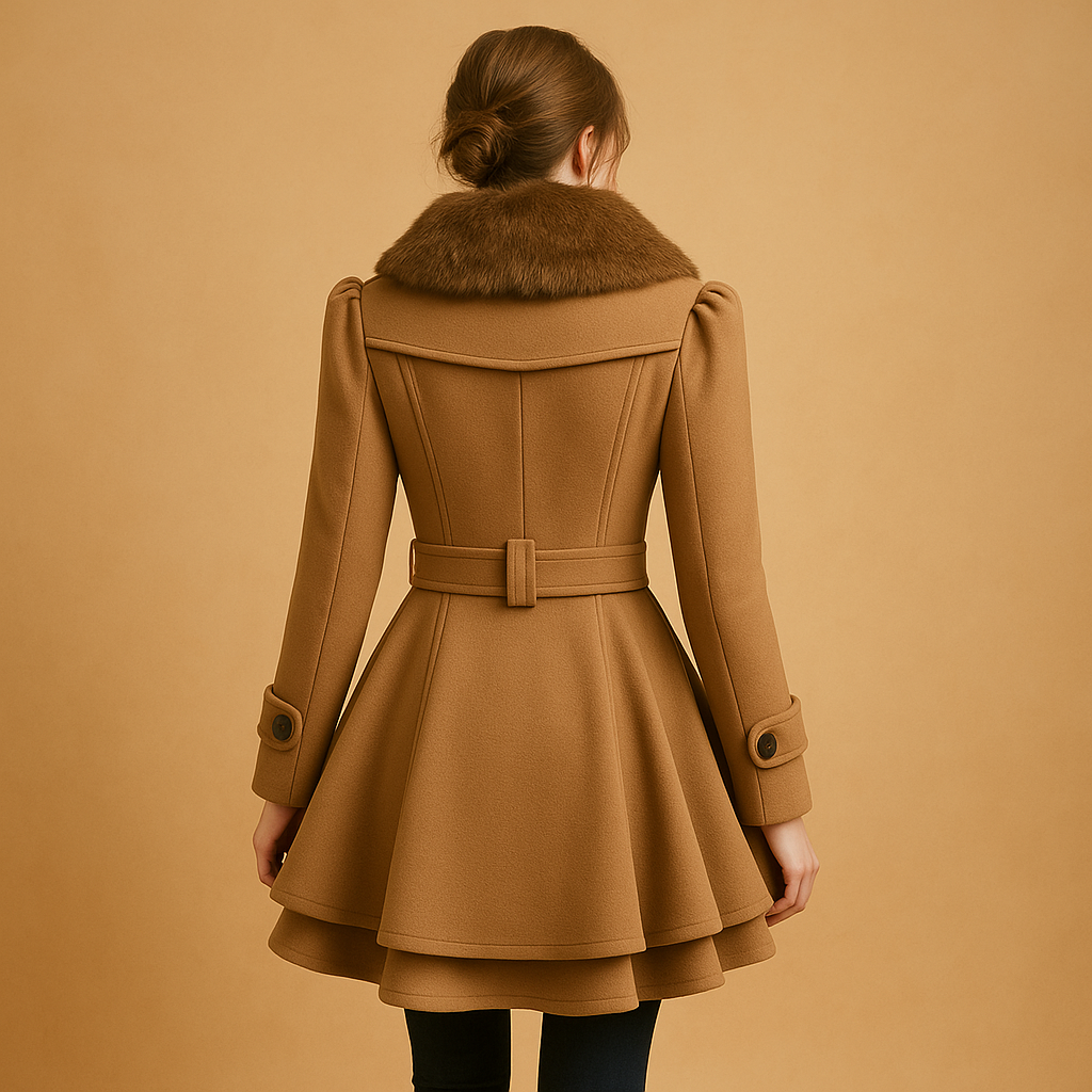 Warm women's long winter coat featuring a luxurious faux fur collar. Ideal elegant outerwear for cold weather.