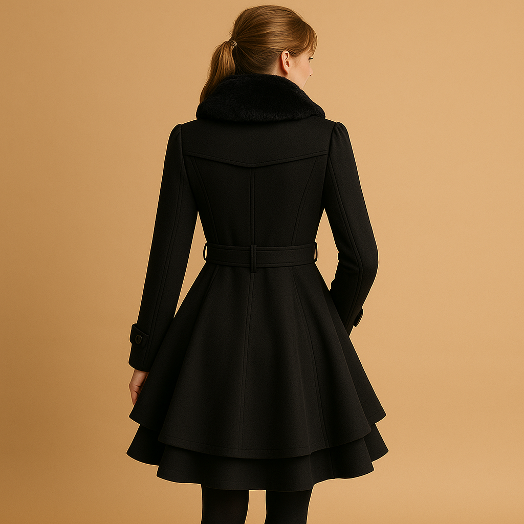 Black elegant long winter coat with a faux fur collar, a warm and stylish outerwear piece for women's cold weather fashion.