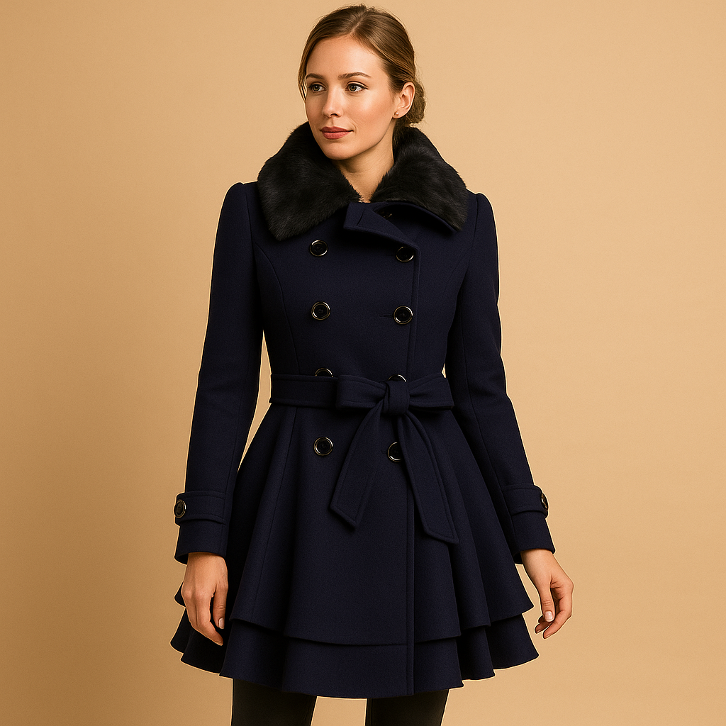 Stylish women's long winter coat, perfect for daily wear. Features an elegant design and cozy faux fur collar for warmth.