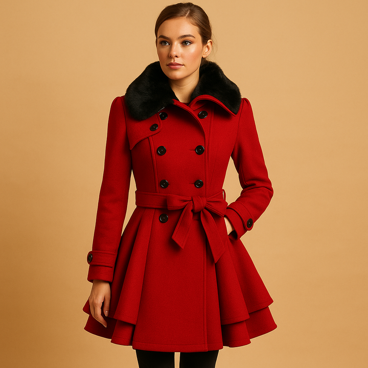 Blue women's elegant long winter coat. Warm and chic outerwear with a faux fur collar, ideal for cold weather fashion.