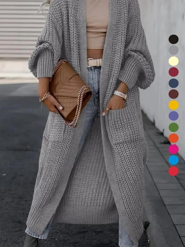 Stylish women's longline knit cardigan, wool blend, offering an elegant look for winter fashion.