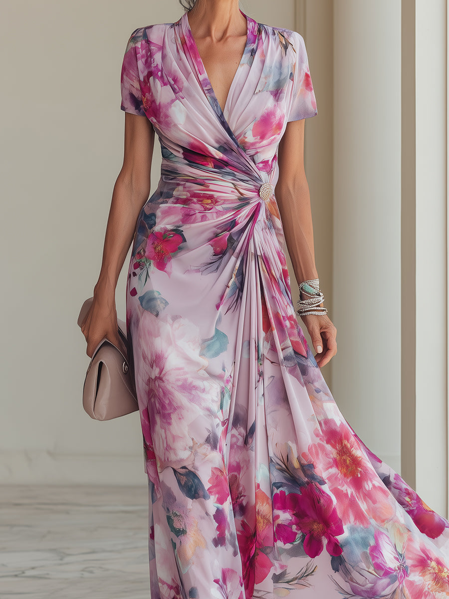 Women's formal magenta floral maxi dress, V-neck, wrap style with ruched waist; ideal for special occasions.