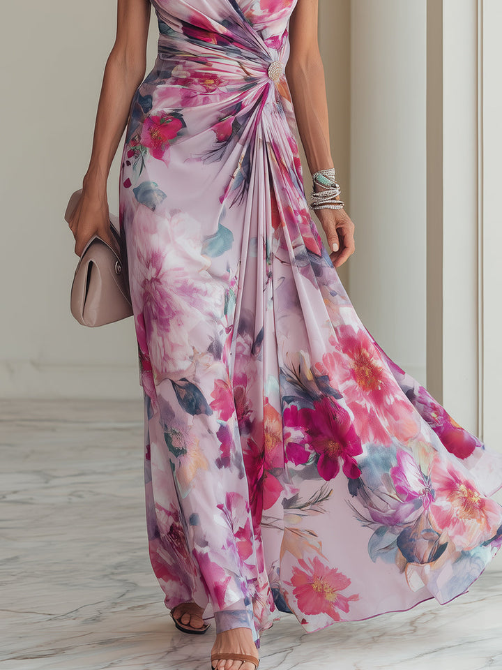 Stylish magenta floral wrap maxi dress for women, featuring a flattering V-neck and elegant ruched waist design.