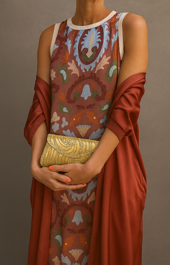 Chic women's sleeveless printed maxi dress & matching open front coat. Versatile two-piece set for casual or dressy looks.