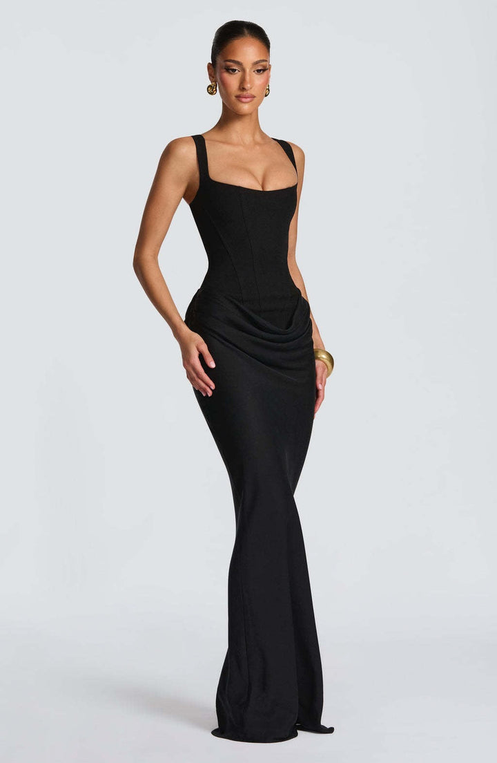 Comfortable yet elegant women's maxi dress with wide straps and a supportive corset bodice, perfect for parties.
