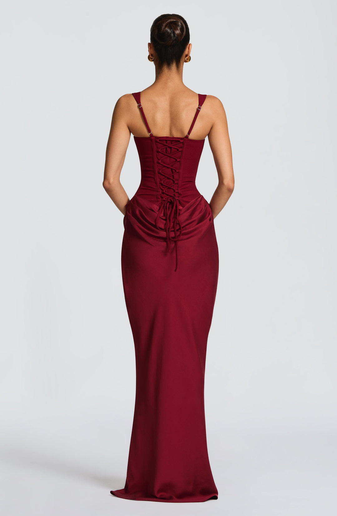 Elegant women's A-line maxi dress with a flattering corset bodice & wide straps, ideal for formal parties.