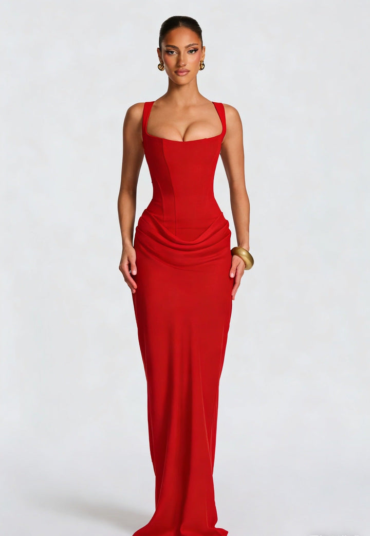 Trendy women's fashion maxi dress, featuring a stylish corset bodice, wide straps, and elegant long design.