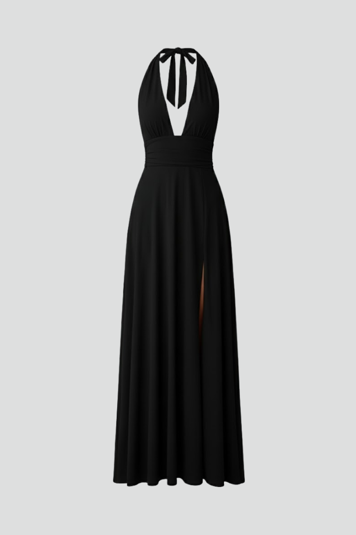 Elegant women's maxi dress with tie neck & seductive side slit, perfect for evening or summer parties.