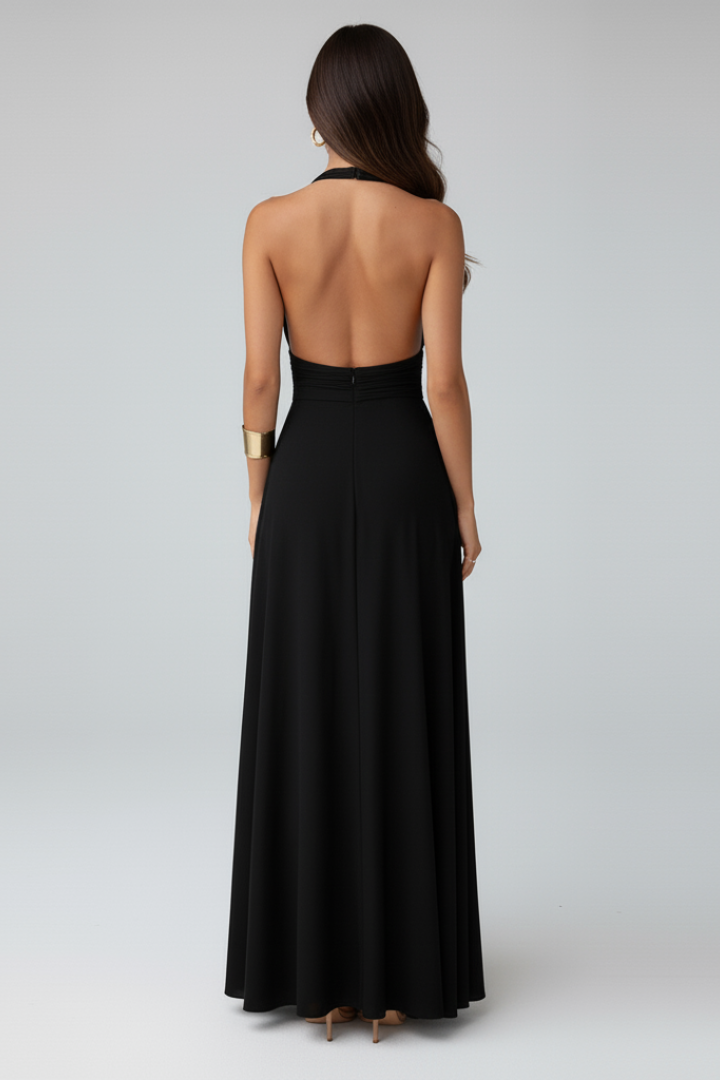 Sleek women's maxi dress, a sophisticated evening gown with a seductive side slit and flattering silhouette.